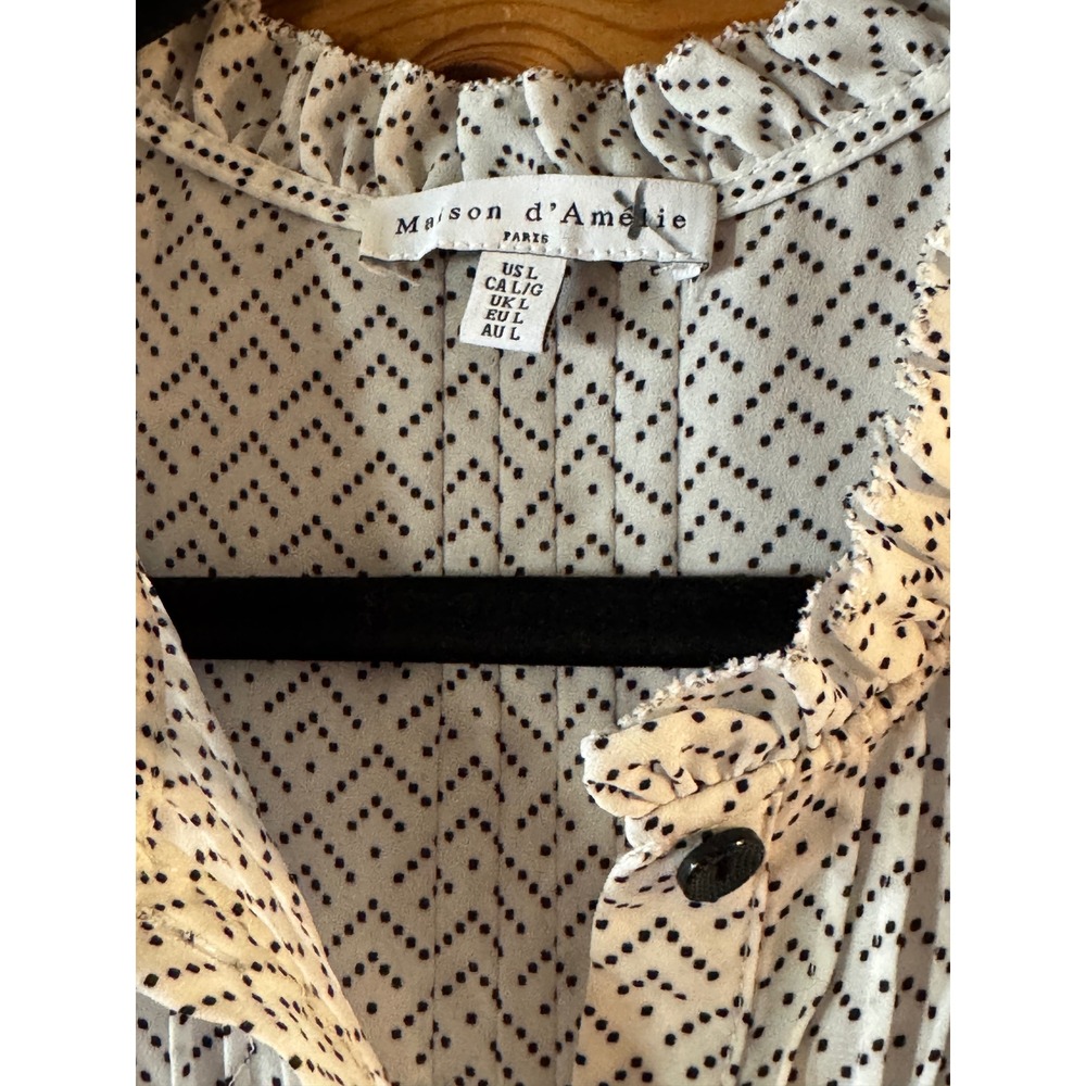 Maison d'Amelie Paris Womens Large White Black Geometric Pintuck Ruffle Blouse - Picture 3 of 8